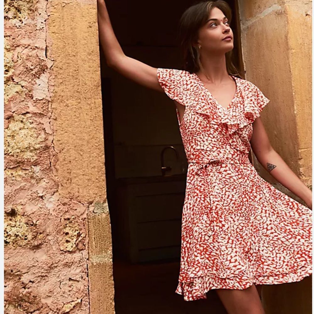 Free People French Quarter Wrap Mini Dress orange and white animal small